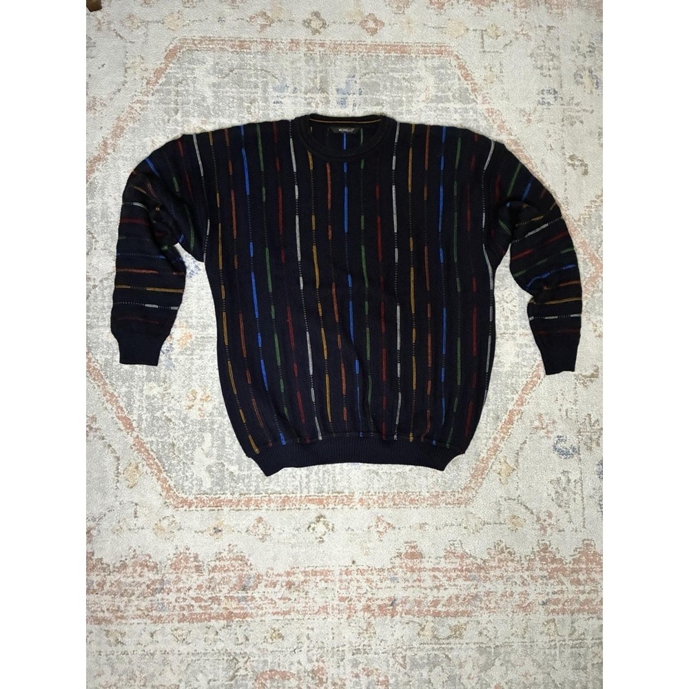 Monello VTG 3D Knit Sweater XXL Black Multi Color Coogi Style Made In Italy 90s